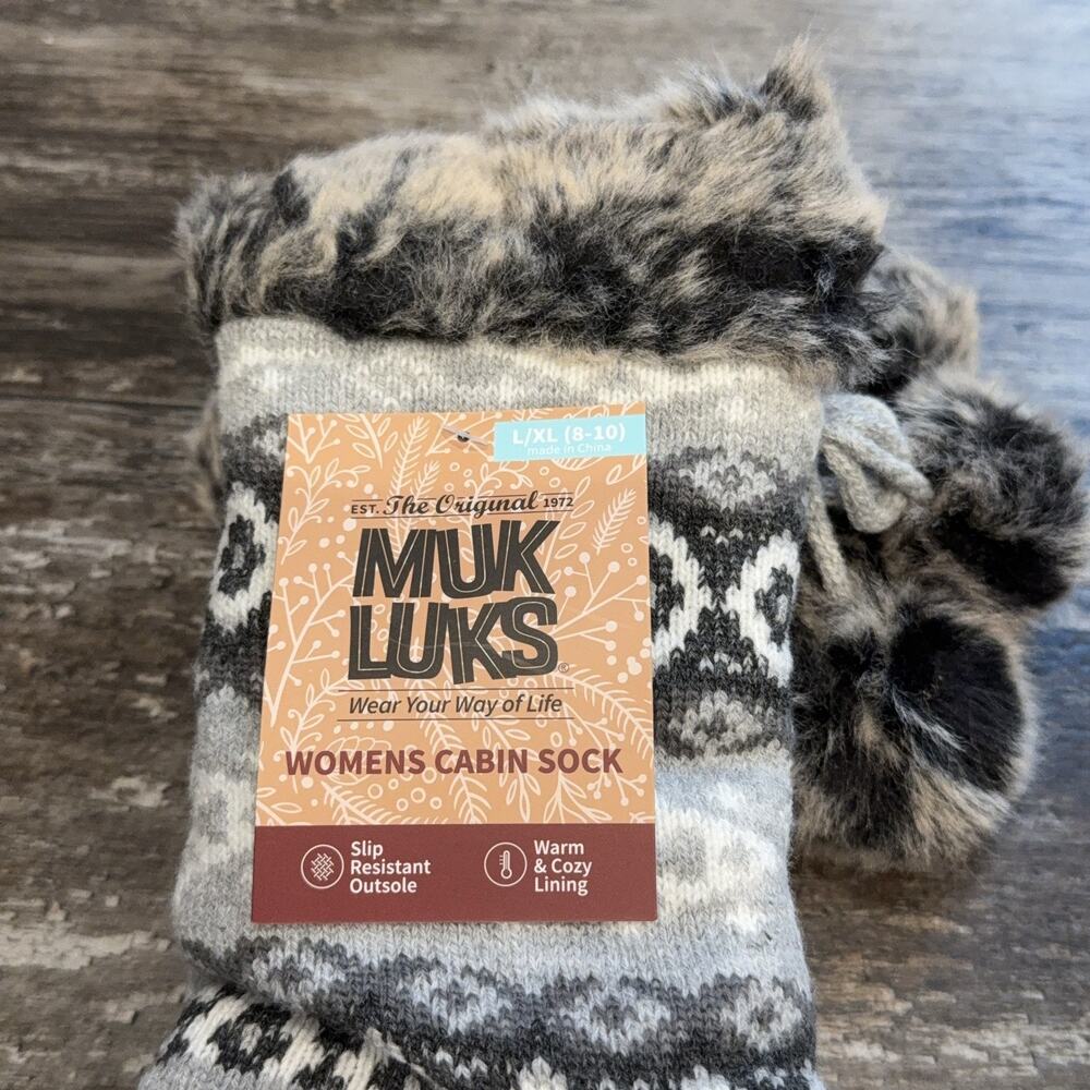 Muk Luks Womens Cabin Sock L/XL 8-10 Gray Cozy Faux Fur Slip Resistant Winter - Picture 7 of 8